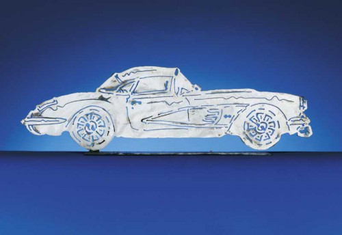 Each CarArtWork Corvette sculpture is 17 inches long and is mounted on a flat metal base. The sculpture is securely attached to the base with a single metal rod affixed to the rear of the piece. The mounting rod is positioned so that its appearance is minimized from the front view of the sculpture. Each piece has a brushed metal finish and is coated with clear lacquer to preserve its luster.