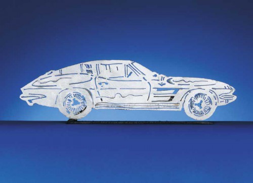 Introducing the 1963-1967 C2 Corvette Coupe. Each CarArtWork Corvette sculpture is 17 inches long and is mounted on a flat metal base. The sculpture is securely attached to the base with a single metal rod affixed to the rear of the piece. The mounting rod is positioned so that its appearance is minimized from the front view of the sculpture. Each piece has a brushed metal finish and is coated with clear lacquer to preserve its luster.