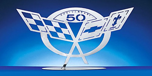 The Corvette 50th Anniversary Emblem will offer a great accent to an office, garage, or dealership. It's the perfect gift for that hard to shop for guy or gal and is constructed of stainless steal.